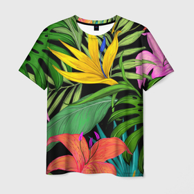 Мужская футболка 3D с принтом Тропическая роща , 100% полиэфир | прямой крой, круглый вырез горловины, длина до линии бедер | 