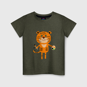 Детская футболка хлопок с принтом Тигр   художник в Тюмени, 100% хлопок | круглый вырез горловины, полуприлегающий силуэт, длина до линии бедер | Тематика изображения на принте: 
