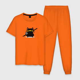 Мужская пижама хлопок с принтом Ninja cat with katana в Курске, 100% хлопок | брюки и футболка прямого кроя, без карманов, на брюках мягкая резинка на поясе и по низу штанин
 | Тематика изображения на принте: 