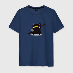 Мужская футболка хлопок с принтом Ninja cat with katana в Петрозаводске, 100% хлопок | прямой крой, круглый вырез горловины, длина до линии бедер, слегка спущенное плечо. | Тематика изображения на принте: 