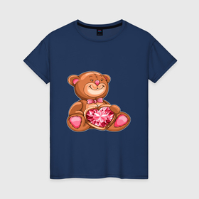 Женская футболка хлопок с принтом Медвежонок с большим сердцем в Курске, 100% хлопок | прямой крой, круглый вырез горловины, длина до линии бедер, слегка спущенное плечо | 