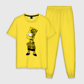 Мужская пижама хлопок с принтом Барт Симпсон   Tattoo style в Санкт-Петербурге, 100% хлопок | брюки и футболка прямого кроя, без карманов, на брюках мягкая резинка на поясе и по низу штанин
 | 