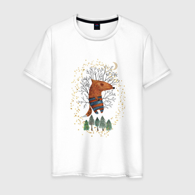 Мужская футболка хлопок с принтом лис в ночном лесу в Кировске, 100% хлопок | прямой крой, круглый вырез горловины, длина до линии бедер, слегка спущенное плечо. | 