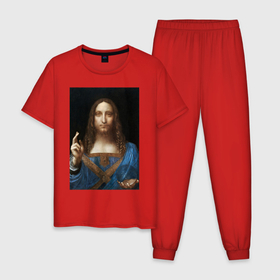 Мужская пижама хлопок с принтом Спаситель мира Леонардо Да Винчи около 1500 , 100% хлопок | брюки и футболка прямого кроя, без карманов, на брюках мягкая резинка на поясе и по низу штанин
 | 