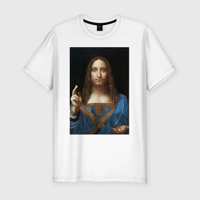 Мужская футболка хлопок Slim с принтом Спаситель мира Леонардо Да Винчи около 1500 в Курске, 92% хлопок, 8% лайкра | приталенный силуэт, круглый вырез ворота, длина до линии бедра, короткий рукав | 