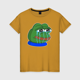Женская футболка хлопок с принтом Лягушонок Пепе плачет в Петрозаводске, 100% хлопок | прямой крой, круглый вырез горловины, длина до линии бедер, слегка спущенное плечо | 