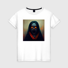 Женская футболка хлопок с принтом Портрет ужасной ведьмы в Санкт-Петербурге, 100% хлопок | прямой крой, круглый вырез горловины, длина до линии бедер, слегка спущенное плечо | 