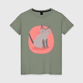 Женская футболка хлопок с принтом Серый котёнок сидит в Тюмени, 100% хлопок | прямой крой, круглый вырез горловины, длина до линии бедер, слегка спущенное плечо | 