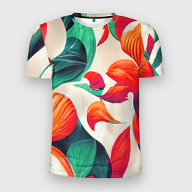 Мужская футболка 3D Slim с принтом Элегантный цветочный орнамент в Новосибирске, 100% полиэстер с улучшенными характеристиками | приталенный силуэт, круглая горловина, широкие плечи, сужается к линии бедра | 
