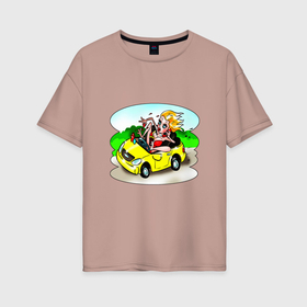 Женская футболка хлопок Oversize с принтом Девушка за рулем авто в Курске, 100% хлопок | свободный крой, круглый ворот, спущенный рукав, длина до линии бедер
 | 