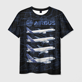 Мужская футболка 3D с принтом Airbus A318, A319, A320, A321 в Петрозаводске, 100% полиэфир | прямой крой, круглый вырез горловины, длина до линии бедер | 