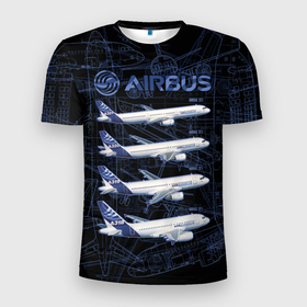 Мужская футболка 3D Slim с принтом Airbus A318, A319, A320, A321 в Петрозаводске, 100% полиэстер с улучшенными характеристиками | приталенный силуэт, круглая горловина, широкие плечи, сужается к линии бедра | 