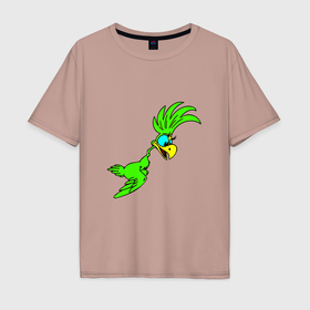 Мужская футболка хлопок Oversize с принтом Полет зеленого попугая в Кировске, 100% хлопок | свободный крой, круглый ворот, “спинка” длиннее передней части | 