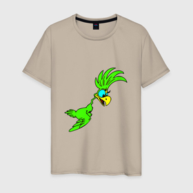 Мужская футболка хлопок с принтом Полет зеленого попугая , 100% хлопок | прямой крой, круглый вырез горловины, длина до линии бедер, слегка спущенное плечо. | 