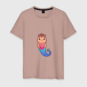 Мужская футболка хлопок с принтом Русахомка | Кавайный хомячок   русалочка с сердечком , 100% хлопок | прямой крой, круглый вырез горловины, длина до линии бедер, слегка спущенное плечо. | 