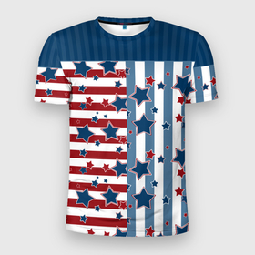 Мужская футболка 3D Slim с принтом Blue stars on a striped pattern в Кировске, 100% полиэстер с улучшенными характеристиками | приталенный силуэт, круглая горловина, широкие плечи, сужается к линии бедра | 