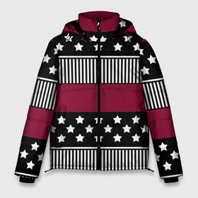 Мужская зимняя куртка 3D с принтом Burgundy black striped pattern в Курске, верх — 100% полиэстер; подкладка — 100% полиэстер; утеплитель — 100% полиэстер | длина ниже бедра, свободный силуэт Оверсайз. Есть воротник-стойка, отстегивающийся капюшон и ветрозащитная планка. 

Боковые карманы с листочкой на кнопках и внутренний карман на молнии. | 