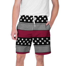 Мужские шорты 3D с принтом Burgundy black striped pattern в Екатеринбурге,  полиэстер 100% | прямой крой, два кармана без застежек по бокам. Мягкая трикотажная резинка на поясе, внутри которой широкие завязки. Длина чуть выше колен | 