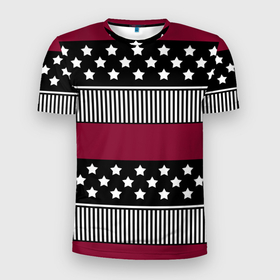 Мужская футболка 3D Slim с принтом Burgundy black striped pattern в Екатеринбурге, 100% полиэстер с улучшенными характеристиками | приталенный силуэт, круглая горловина, широкие плечи, сужается к линии бедра | 
