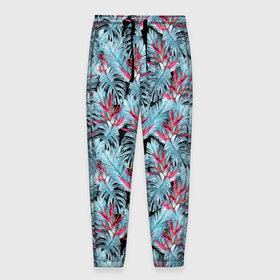 Мужские брюки 3D с принтом Голубые тропические листья и цветы в Тюмени, 100% полиэстер | манжеты по низу, эластичный пояс регулируется шнурком, по бокам два кармана без застежек, внутренняя часть кармана из мелкой сетки | 