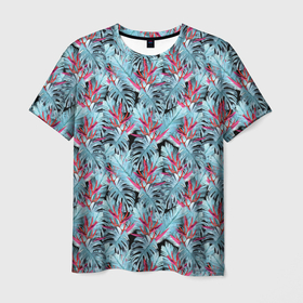 Мужская футболка 3D с принтом Голубые тропические листья и цветы , 100% полиэфир | прямой крой, круглый вырез горловины, длина до линии бедер | 