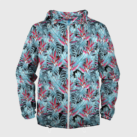 Мужская ветровка 3D с принтом Голубые тропические листья и цветы в Курске, 100% полиэстер | подол и капюшон оформлены резинкой с фиксаторами, два кармана без застежек по бокам, один потайной карман на груди | 