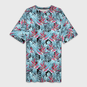 Платье-футболка 3D с принтом Голубые тропические листья и цветы ,  |  | 