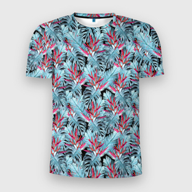 Мужская футболка 3D Slim с принтом Голубые тропические листья и цветы в Курске, 100% полиэстер с улучшенными характеристиками | приталенный силуэт, круглая горловина, широкие плечи, сужается к линии бедра | 