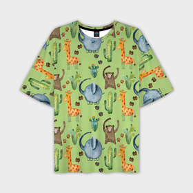 Мужская футболка oversize 3D с принтом Африканские животные   слон обезьянка жираф в Кировске,  |  | Тематика изображения на принте: 