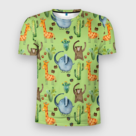 Мужская футболка 3D Slim с принтом Африканские животные   слон обезьянка жираф в Санкт-Петербурге, 100% полиэстер с улучшенными характеристиками | приталенный силуэт, круглая горловина, широкие плечи, сужается к линии бедра | 