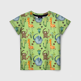 Детская футболка 3D с принтом Африканские животные   слон обезьянка жираф в Кировске, 100% гипоаллергенный полиэфир | прямой крой, круглый вырез горловины, длина до линии бедер, чуть спущенное плечо, ткань немного тянется | 