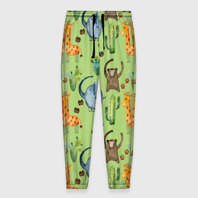 Мужские брюки 3D с принтом Африканские животные   слон обезьянка жираф в Екатеринбурге, 100% полиэстер | манжеты по низу, эластичный пояс регулируется шнурком, по бокам два кармана без застежек, внутренняя часть кармана из мелкой сетки | 