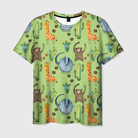 Мужская футболка 3D с принтом Африканские животные   слон обезьянка жираф в Курске, 100% полиэфир | прямой крой, круглый вырез горловины, длина до линии бедер | 
