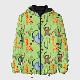 Мужская куртка 3D с принтом Африканские животные   слон обезьянка жираф в Новосибирске, ткань верха — 100% полиэстер, подклад — флис | прямой крой, подол и капюшон оформлены резинкой с фиксаторами, два кармана без застежек по бокам, один большой потайной карман на груди. Карман на груди застегивается на липучку | 