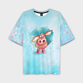 Мужская футболка oversize 3D с принтом Свинка под зонтиком в дождь в Кировске,  |  | 