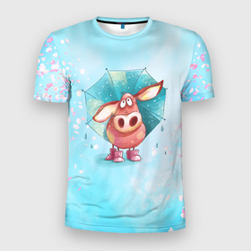 Мужская футболка 3D Slim с принтом Свинка под зонтиком в дождь в Кировске, 100% полиэстер с улучшенными характеристиками | приталенный силуэт, круглая горловина, широкие плечи, сужается к линии бедра | 