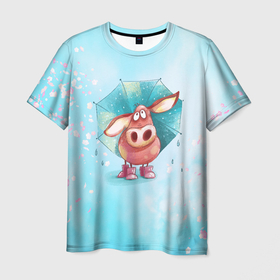 Мужская футболка 3D с принтом Свинка под зонтиком в дождь в Кировске, 100% полиэфир | прямой крой, круглый вырез горловины, длина до линии бедер | 