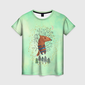Женская футболка 3D с принтом лиса в ночном лесу , 100% полиэфир ( синтетическое хлопкоподобное полотно) | прямой крой, круглый вырез горловины, длина до линии бедер | 