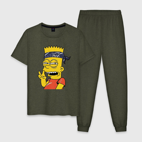 Мужская пижама хлопок с принтом Барт Симпсон   жест двумя пальцами в Петрозаводске, 100% хлопок | брюки и футболка прямого кроя, без карманов, на брюках мягкая резинка на поясе и по низу штанин
 | 