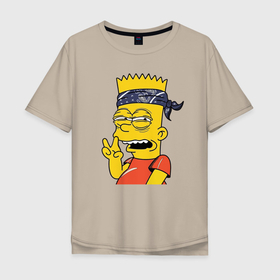 Мужская футболка хлопок Oversize с принтом Барт Симпсон   жест двумя пальцами в Екатеринбурге, 100% хлопок | свободный крой, круглый ворот, “спинка” длиннее передней части | 