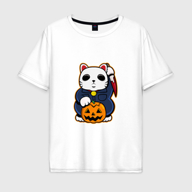 Мужская футболка хлопок Oversize с принтом Cat Halloween в Санкт-Петербурге, 100% хлопок | свободный крой, круглый ворот, “спинка” длиннее передней части | Тематика изображения на принте: 