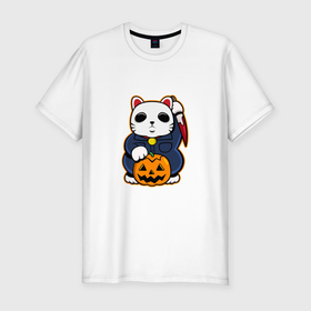 Мужская футболка хлопок Slim с принтом Cat Halloween в Санкт-Петербурге, 92% хлопок, 8% лайкра | приталенный силуэт, круглый вырез ворота, длина до линии бедра, короткий рукав | Тематика изображения на принте: 