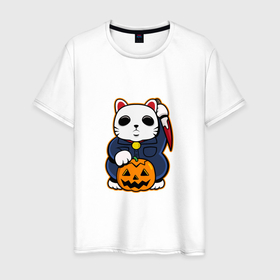 Мужская футболка хлопок с принтом Cat Halloween в Кировске, 100% хлопок | прямой крой, круглый вырез горловины, длина до линии бедер, слегка спущенное плечо. | 