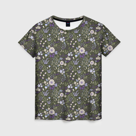 Женская футболка 3D с принтом Цветочки хаки, мелкий рисунок в Новосибирске, 100% полиэфир ( синтетическое хлопкоподобное полотно) | прямой крой, круглый вырез горловины, длина до линии бедер | 