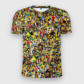 Мужская футболка 3D Slim с принтом Симпсоны все Герои в Белгороде, 100% полиэстер с улучшенными характеристиками | приталенный силуэт, круглая горловина, широкие плечи, сужается к линии бедра | 