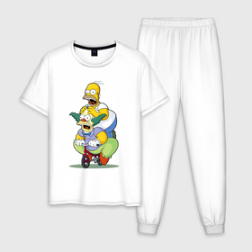 Мужская пижама хлопок с принтом Гомер Симпсон и Клоун Красти едут на детском велосипеде в Кировске, 100% хлопок | брюки и футболка прямого кроя, без карманов, на брюках мягкая резинка на поясе и по низу штанин
 | 