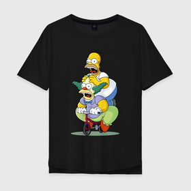Мужская футболка хлопок Oversize с принтом Гомер Симпсон и Клоун Красти едут на детском велосипеде в Санкт-Петербурге, 100% хлопок | свободный крой, круглый ворот, “спинка” длиннее передней части | 