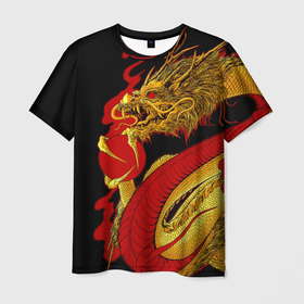 Мужская футболка 3D с принтом Японский Золотой Дракон в Санкт-Петербурге, 100% полиэфир | прямой крой, круглый вырез горловины, длина до линии бедер | Тематика изображения на принте: 