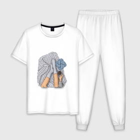 Мужская пижама хлопок с принтом Девушка в теплый носках и с кофем , 100% хлопок | брюки и футболка прямого кроя, без карманов, на брюках мягкая резинка на поясе и по низу штанин
 | 