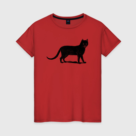 Женская футболка хлопок с принтом Средневековый рисунок черной кошки , 100% хлопок | прямой крой, круглый вырез горловины, длина до линии бедер, слегка спущенное плечо | Тематика изображения на принте: 
